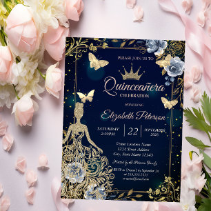 Kleid, Schmetterlinge Marineblaue Blumen Quinceañe Einladung