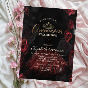 Kleid, Tiara, Chic rote Rosen Quinceañera Einladung