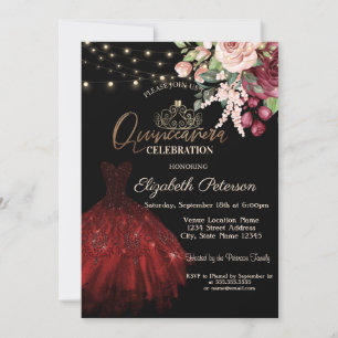 Kleid, Tiara, Lichterkette Floral Schwarz Quinceañ Einladung