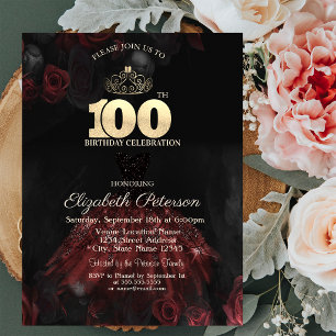 Kleid, Tiara, Rote Rosen 100. Geburtstag Einladung