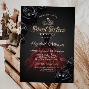 Kleid, Tiara, Schwarze Rosen Sweet 16 Einladung