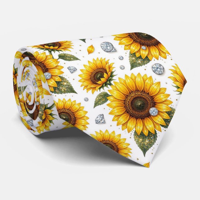 Kleide dich lässig | Sonnenblumen und Diamanten Krawatte (Gerollt)