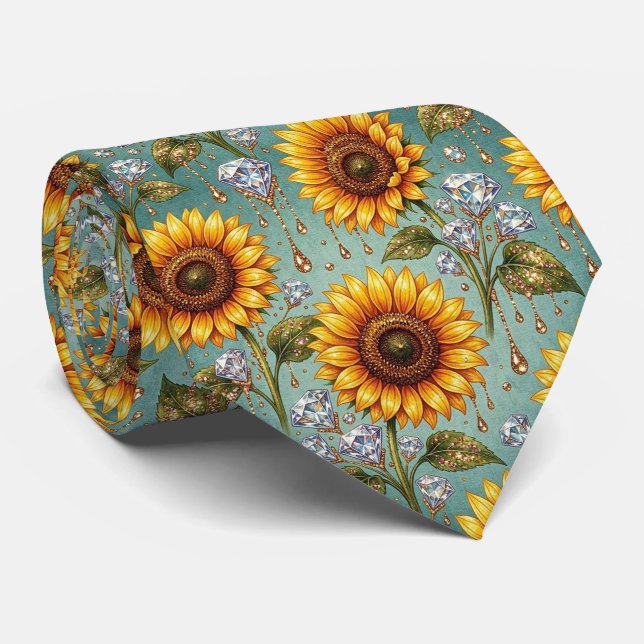 Kleide dich lässig | Sonnenblumen und Diamanten Krawatte (Gerollt)