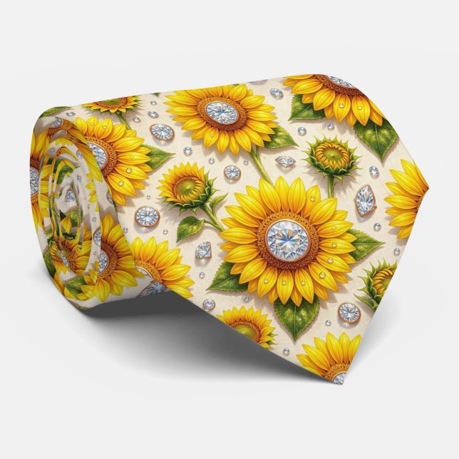 Kleide dich lässig | Sonnenblumen und Diamanten Krawatte (Gerollt)