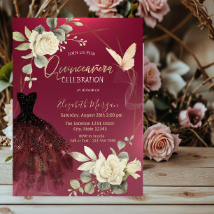 Kleider Burgunder Rosen Schmetterlinge Quinceañera Einladung