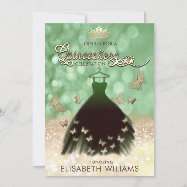 Kleider für den grünen Schmetterling Quinceañera Einladung (Vorderseite)