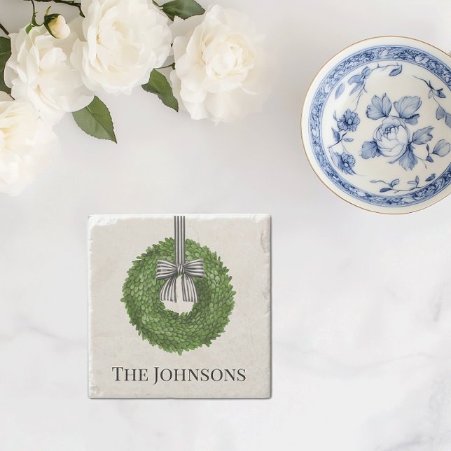 Kleider mit schwarz-weißem Streifen Steinuntersetzer (personalized boxwood wreath stone coaster custom name)