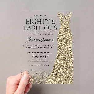 Kleiderparty zum 80. Geburtstag einer Frau in Gold Acryleinladungen
