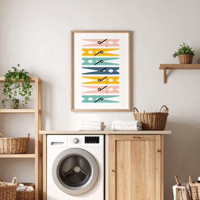 Kleidung Buttone Helle Farben Wäscherei Raum Kunst Poster (colorful pink, yellow, teal and navy blue modern graphic clothes pins art for a fun laundry room)