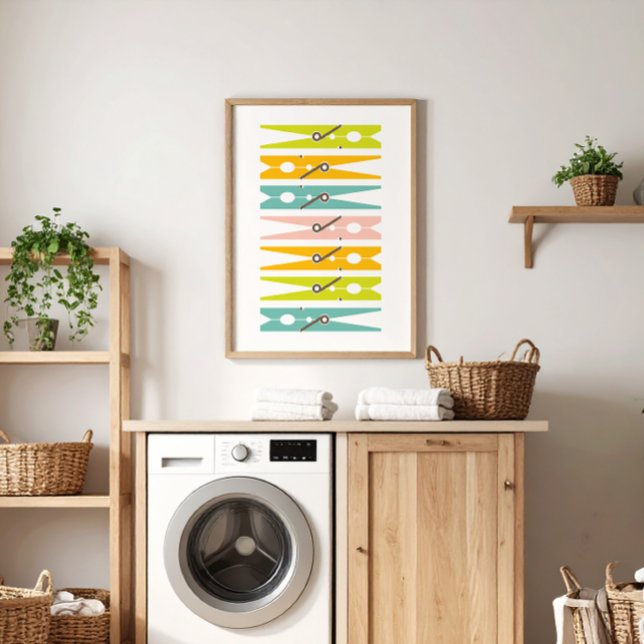 Kleidung Buttone Retro Color Wäscherei Raum Art Poster (fun, colorful, modern clothes pin art to brighten up a boring laundry room)