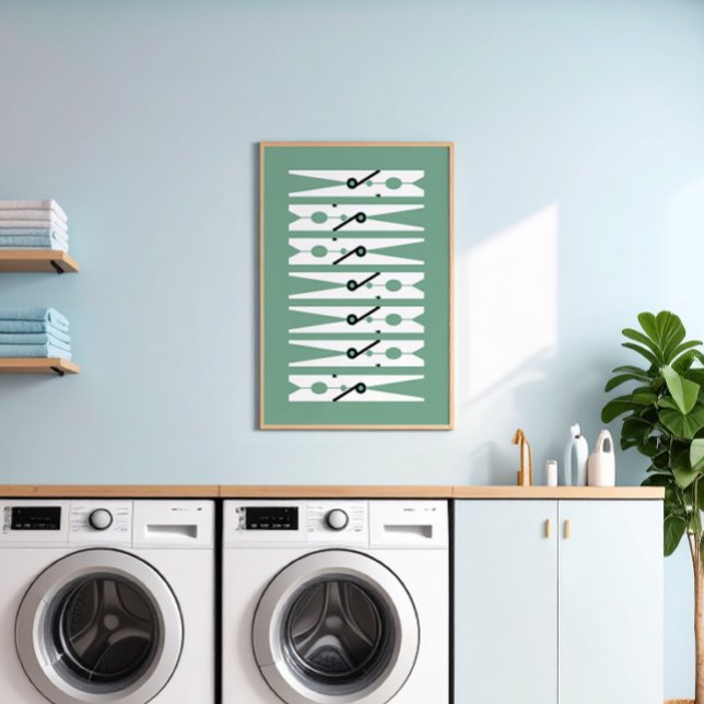 Kleidung Buttone Schwarz-weiß Grüne Wäscherei Raum Poster (millennial green and white modern graphic clothes pins art for a fun laundry room)