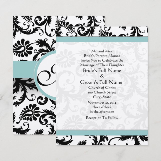 Kleine 4x5 Black Damask Wirbel Hochzeit Einladung (Vorne/Hinten)