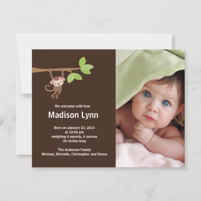 Kleine Affe-Baby-Mädchen-Geburts-Foto-Mitteilung Einladung (Vorderseite)