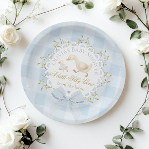 Kleine alberne Gans Blau kariert Baby Shower Pappteller
