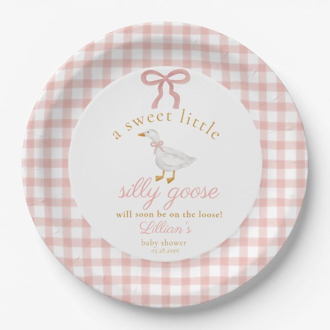 Kleine alberne Gans - Rosa Gingham-Baby-Party Pappteller (Vorderseite)