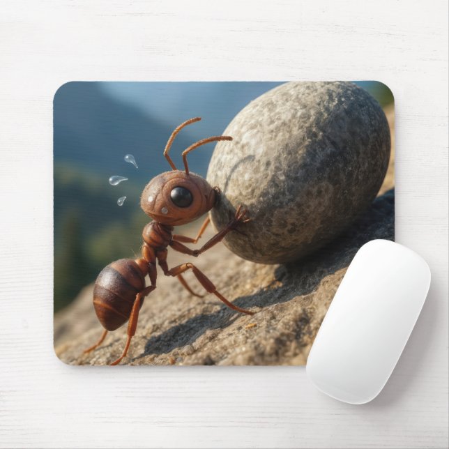 Kleine Ameise schiebt einen Felsen bergauf Mousepad (Mit Mouse)