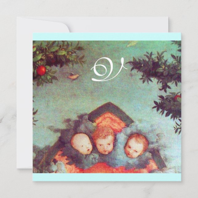 KLEINE ANGELS MONOGRAM hell antikblau rot Einladung (Vorderseite)