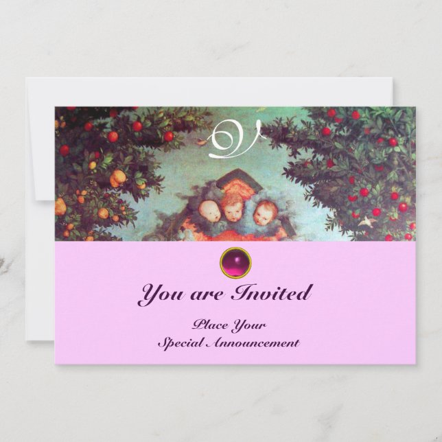 KLEINE ANGELS MONOGRAM hell antikes blaues Rosa Einladung (Vorderseite)