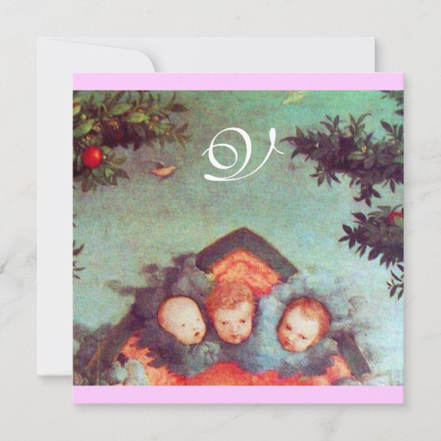 KLEINE ANGELS MONOGRAM hell antikes blaues Rosa Einladung (Vorderseite)