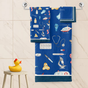 Kleine Ärztin mit dem Namen, blau Badhandtuch Set
