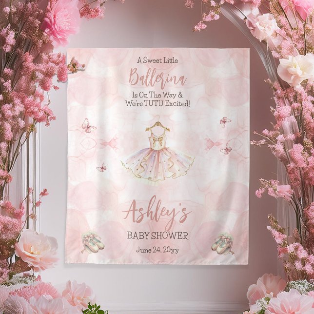 Kleine Ballerina ist auf dem Weg Tutu Babydusche Wandteppich (A Sweet Little Ballerina Is on the Way Tutu Pink Girl Baby Shower Backdrop)