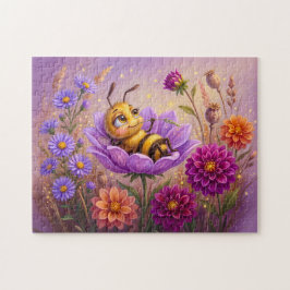Kleine Biene ruht auf einer Blume mit Herbstdahlie Puzzle