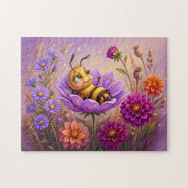 Kleine Biene ruht auf einer Blume mit Herbstdahlie Puzzle (Horizontal)