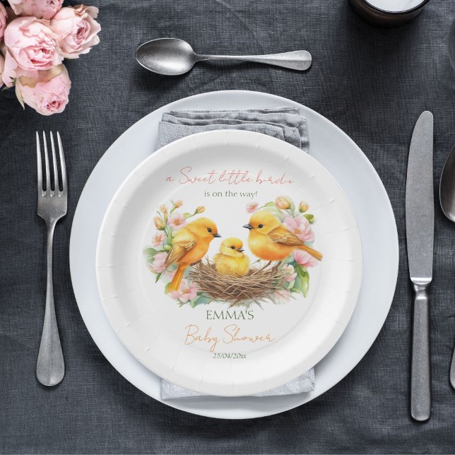 Kleine Birdie Schlüpfen bald Frühlingshaube Pappteller (Little birdie hatching soon spring baby shower template paper plates personalized tableware canary)