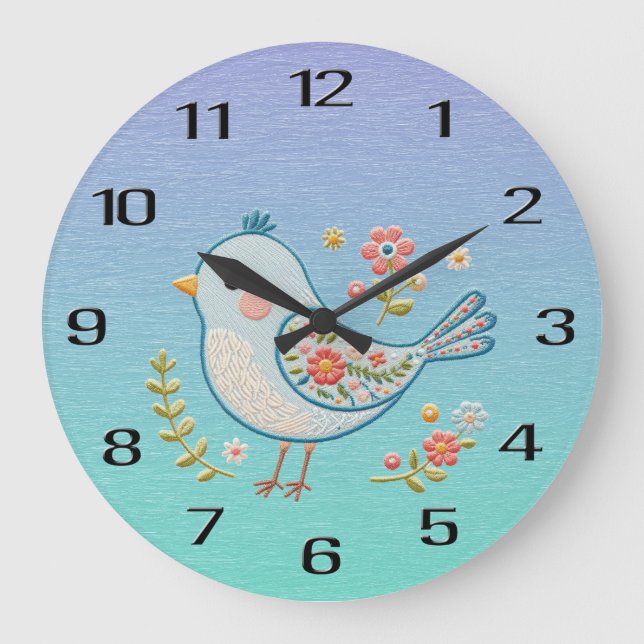 Kleine blaue Vogelblume-Uhr Große Wanduhr (Vorderseite)