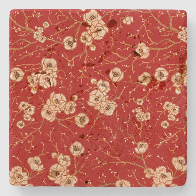 Kleine Blume auf rotem Muster Steinuntersetzer (Vorderseite)