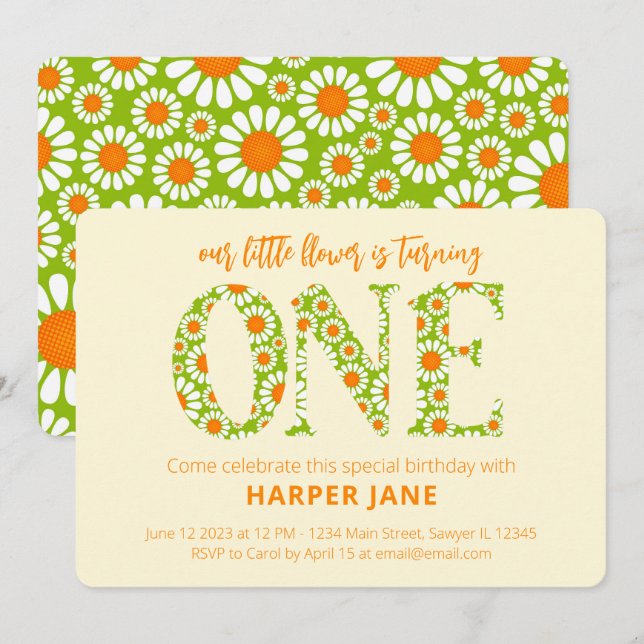 Kleine Blume Niedlich Daisy Erster Geburtstag Einladung (Vorne/Hinten)