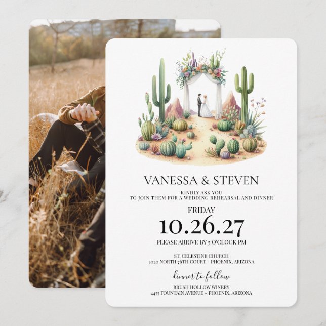 Kleine Boho-Kaktus-Hochzeitsprobe-Dinner Einladung (Vorne/Hinten)