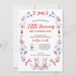 Kleine Bunnies drehen eins, florale Twins Geburtst Einladung