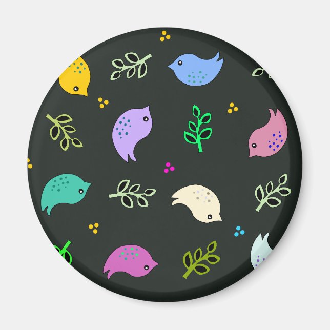 Kleine bunte Vogelmuster auf schwarz Magnet (Vorne)