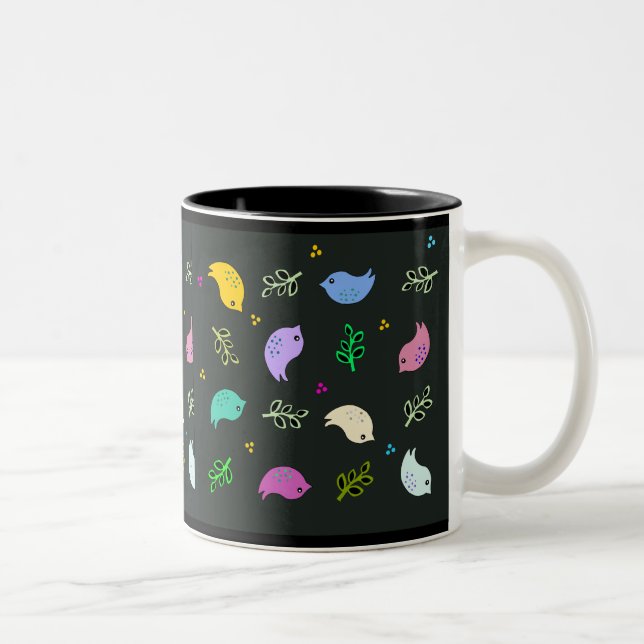 Kleine bunte Vogelmuster auf schwarz Zweifarbige Tasse (Rechts)