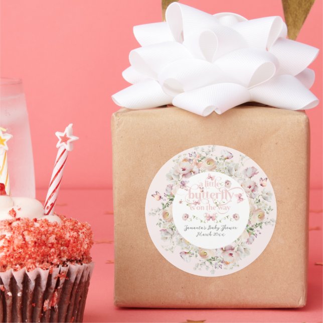 Kleine Buterfly Blush Pink Floral Girl Babydusche Runder Aufkleber (Party)