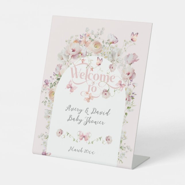 Kleine Buterfly Blush Pink Floral Girl Babydusche Sockelschild (Vorderseite)