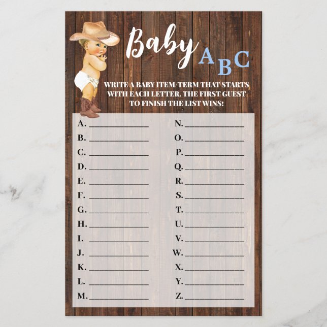 Kleine Cowboy Baby ABC Baby Shower Game Card Flyer (Vorne)