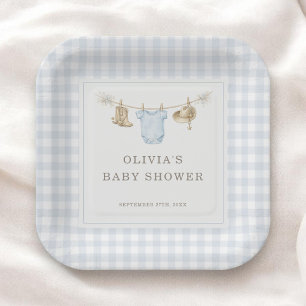Kleine Cowboy-Gingham-Blau-Jungen-Baby-Shower-Part Pappteller