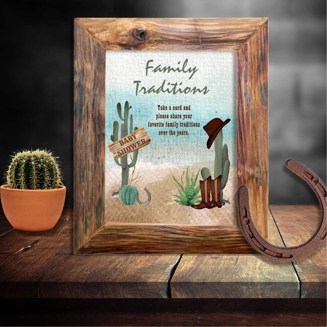 Kleine Cowboy-Western-Duschfamilien Traditionen Poster (Rustic Western Boy Baby Shower Family Traditions Sign -- "A Little Cowboy Is On His Way" Collection)
