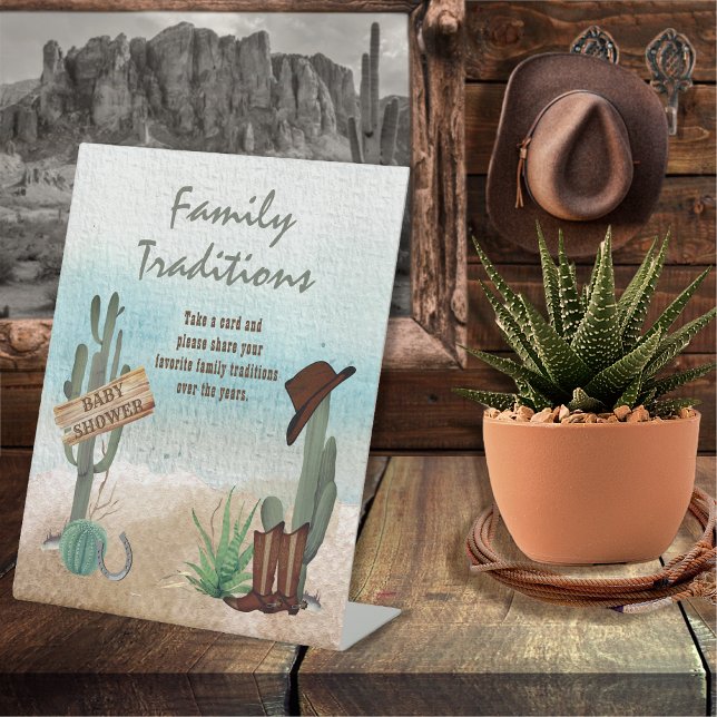 Kleine Cowboy-Western-Duschfamilien Traditionen Sockelschild (Rustic Western Boy Baby Shower Family Traditions Pedestal Sign -- "A Little Cowboy Is On His Way" )