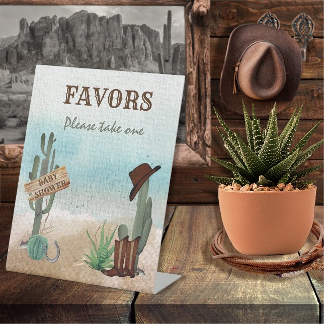 Kleine Cowboy-Western-Kinderduschfavoriten Sockelschild (Rustic Western Boy Baby Shower Favors Pedestal Sign -- "A Little Cowboy Is On His Way" Collection)