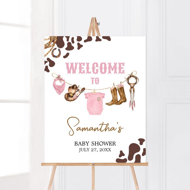 Kleine Cowgirl Babydusche Willkommen Poster (Pink Western Rodeo Baby Shower Welcome Sign)