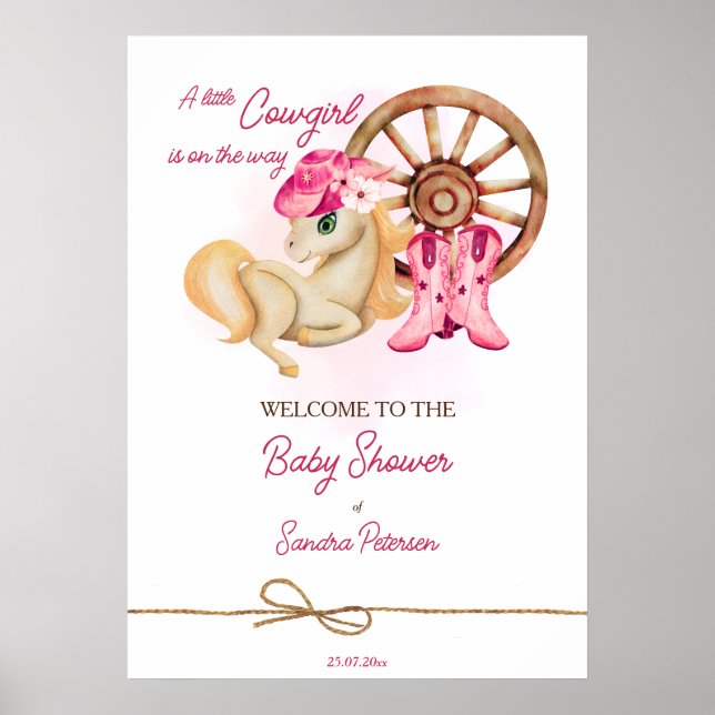Kleine Cowgirl Pferde Baby Dusche Willkommensschil Poster (Vorne)