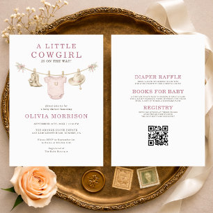 Kleine Cowgirl-Wäscheleine QR-Code Baby Shower Einladung