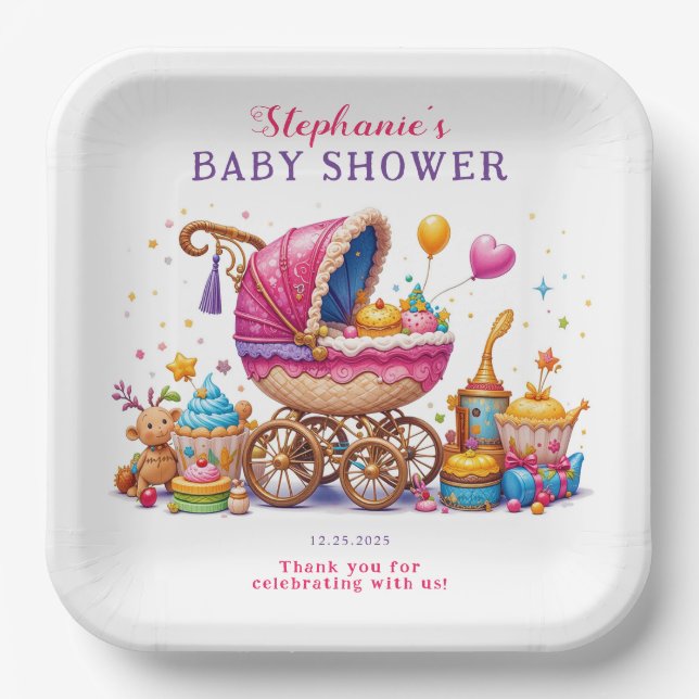 Kleine Cupcake Pink Stroller Kinderdusche Pappteller (Vorderseite)