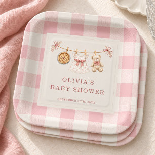 Kleine Cutie Pie rosa Gingham-Baby-Shower-Party Pappteller
