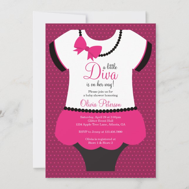 Kleine Diva Babydusche Einladung, Rosa, Schwarz Einladung (Vorderseite)