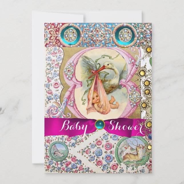 KLEINE DRUCKSTORK-BABY-DUSCHE, BLUMENVERSTÄNDNER EINLADUNG (Vorderseite)