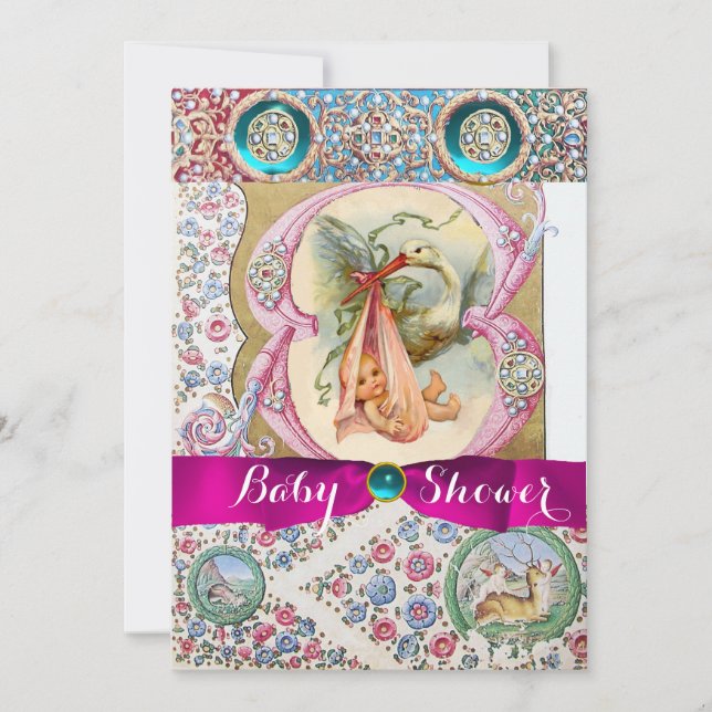 KLEINE DRUCKSTORK-BABY-DUSCHE, BLUMENVERSTÄNDNER EINLADUNG (Vorderseite)